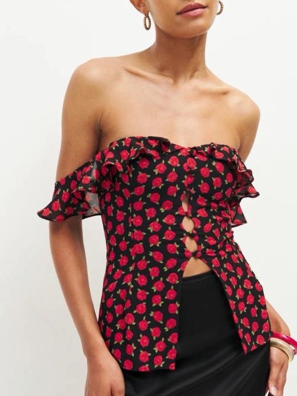 NWT Reformation Delaney Rose Print Ruffled Top In Red/Black - 10